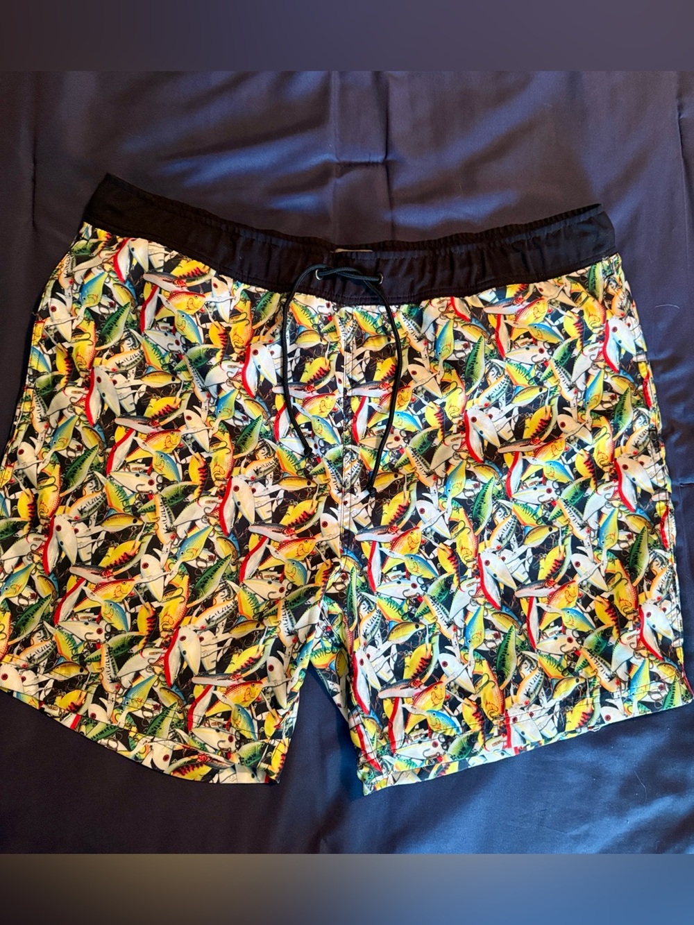 Bass Pro Shops Fishing Lures Print Swim Trunks, Drawstring Waist. Size XL
